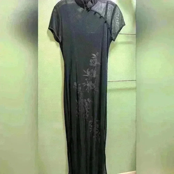 Dresses & Skirts - Mandarin Style Dress Navy with Silver Floral Design Size 8